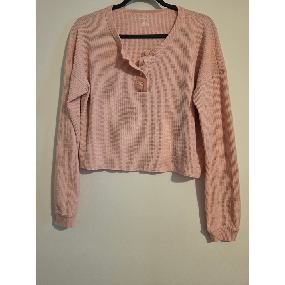 American Eagle Henley Shirt Womens M Pink Poly Blend Cropped Waffle Knit Casual